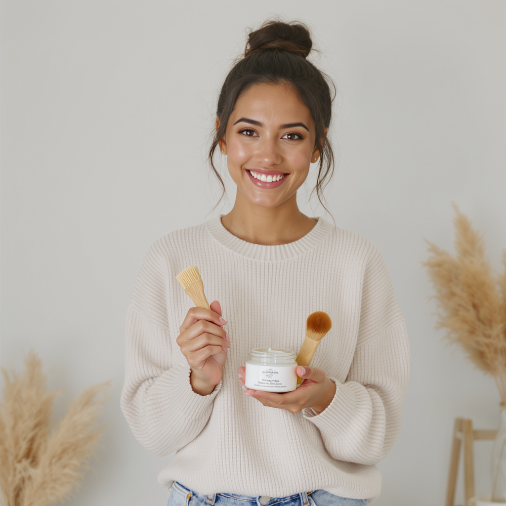 Portrait of happy young woman with clear radiant skin holding natural beauty products